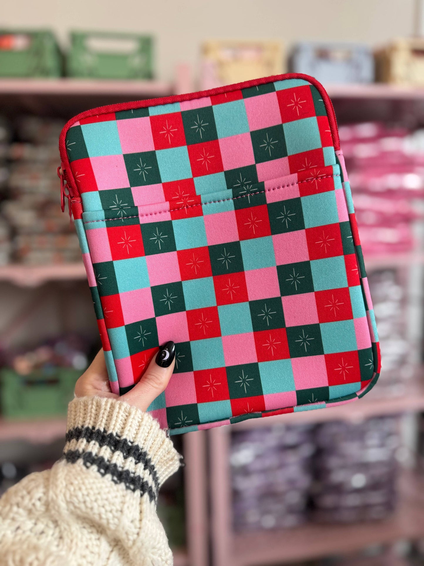 Holiday Checkered Book & Kindle Sleeve Pouch