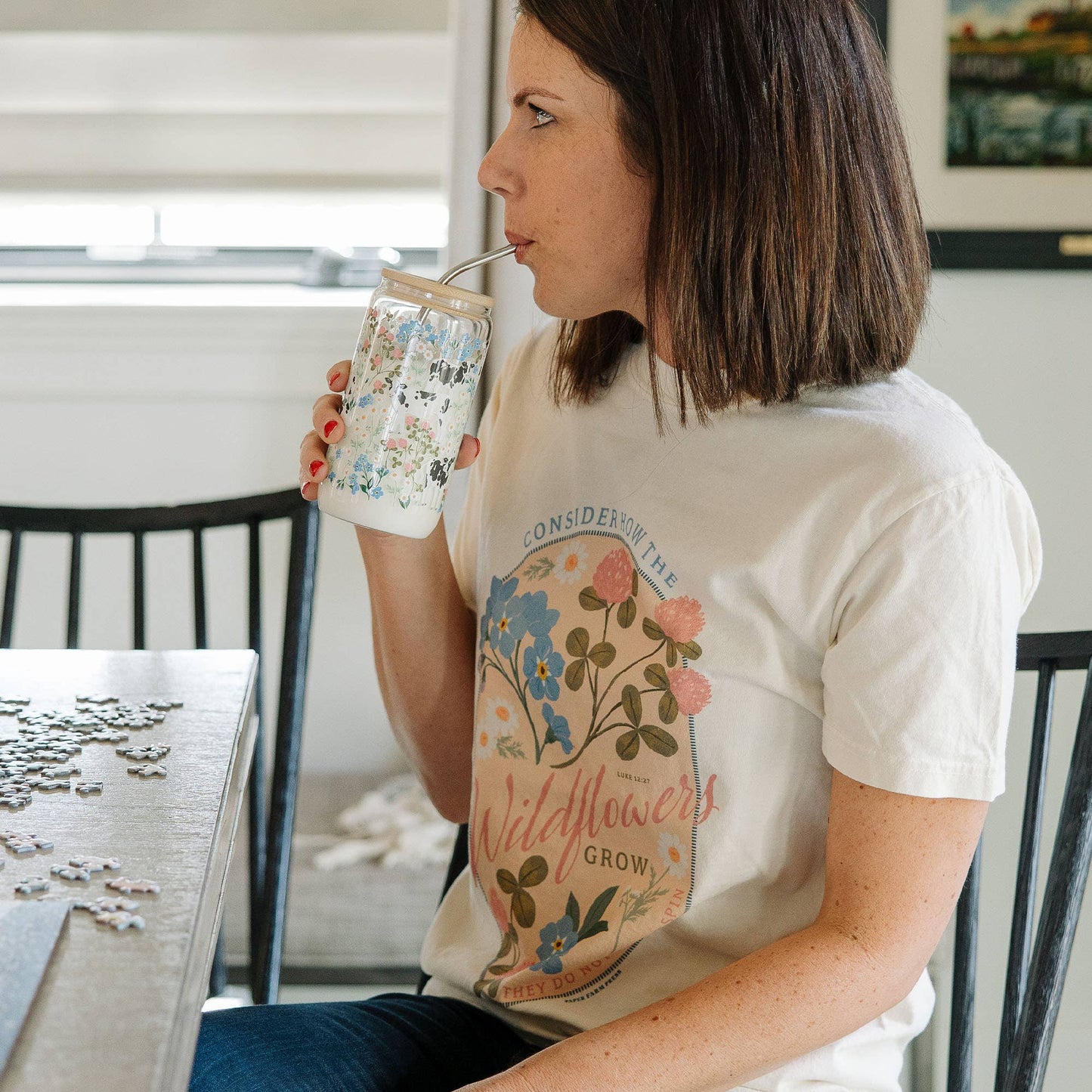 Milk Cows & Flowers Glass Can