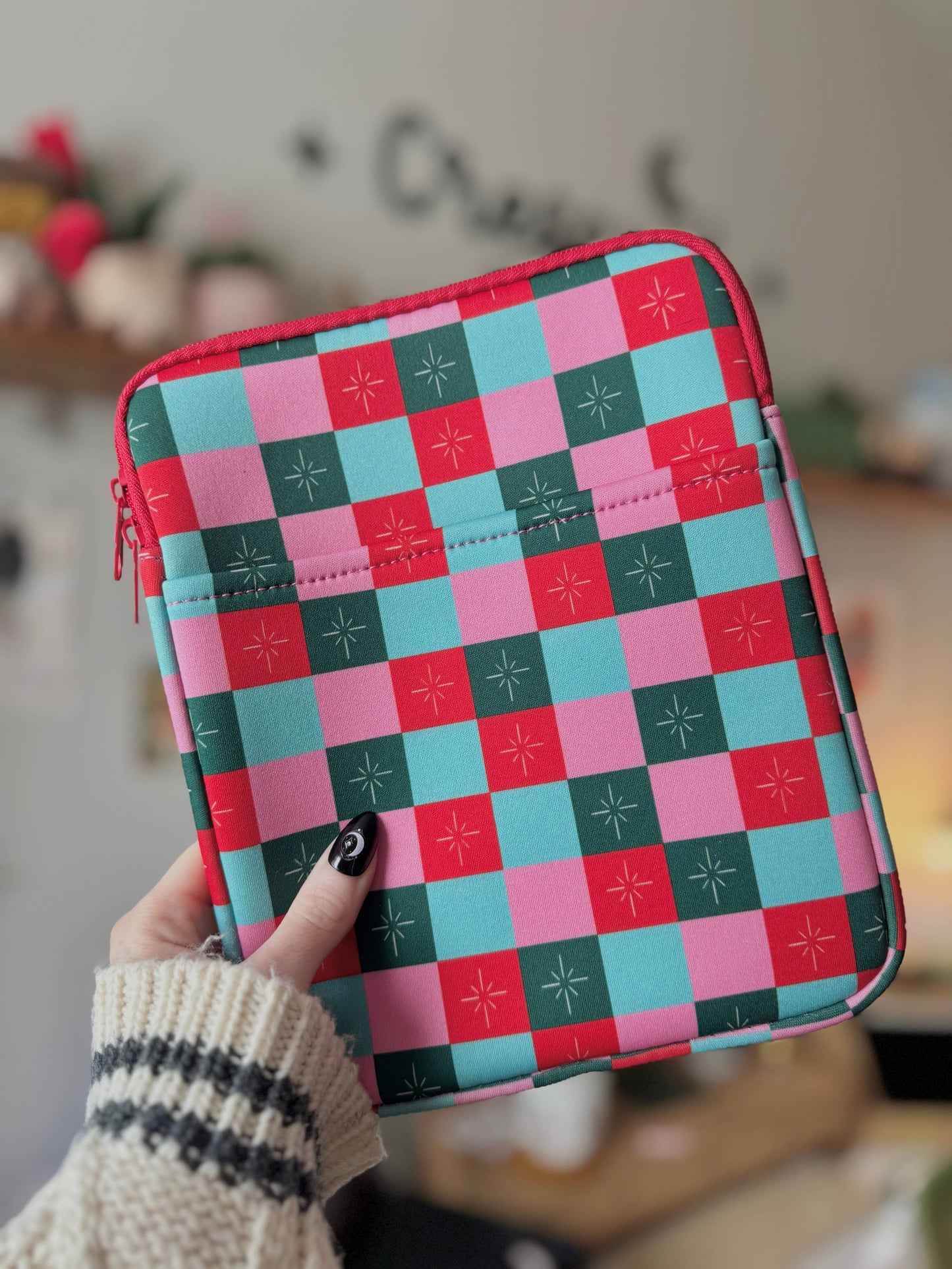 Holiday Checkered Book & Kindle Sleeve Pouch
