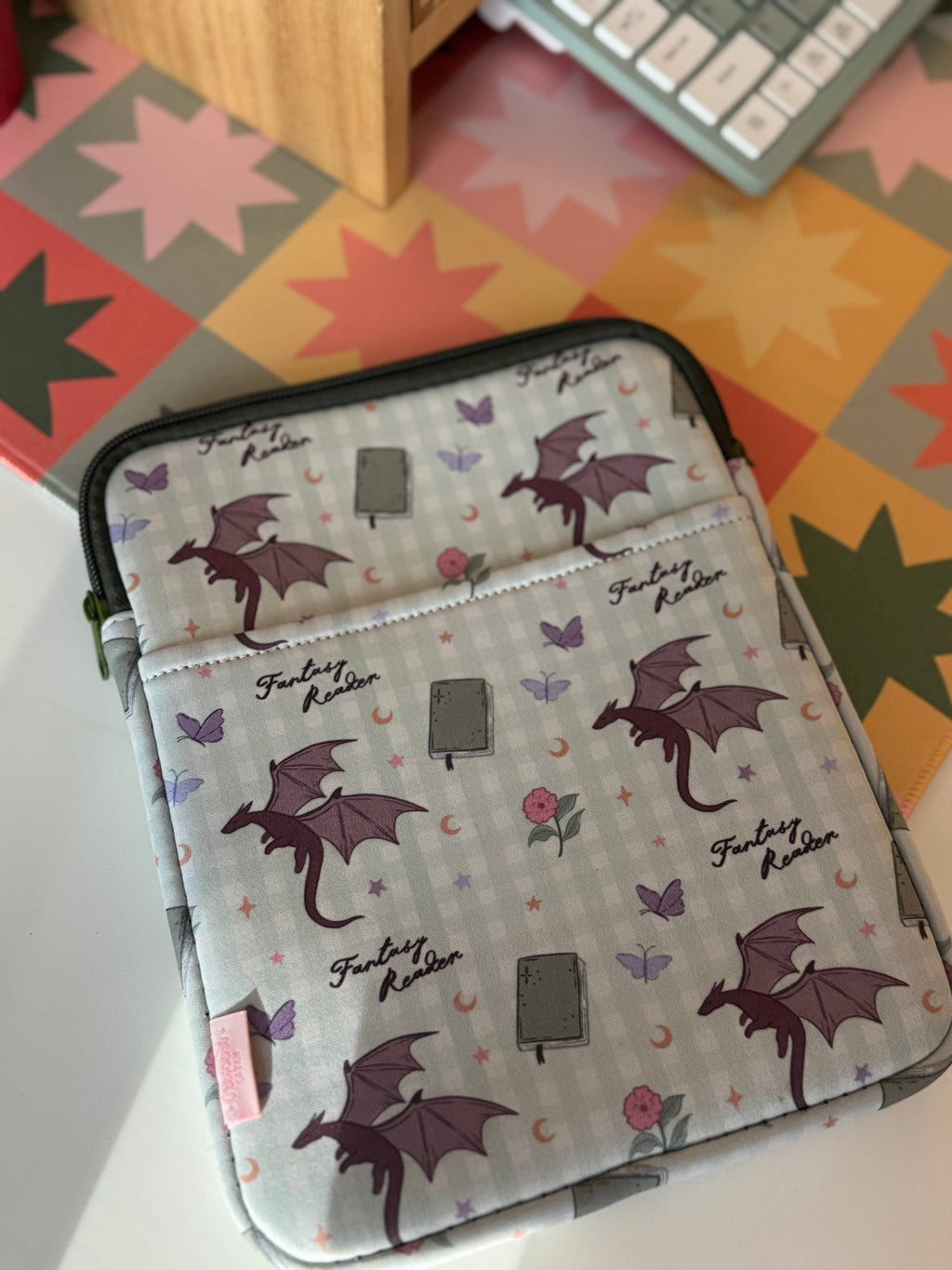 Fantasy Reader Gingham Dragon Book & Kindle Sleeve Pouch
