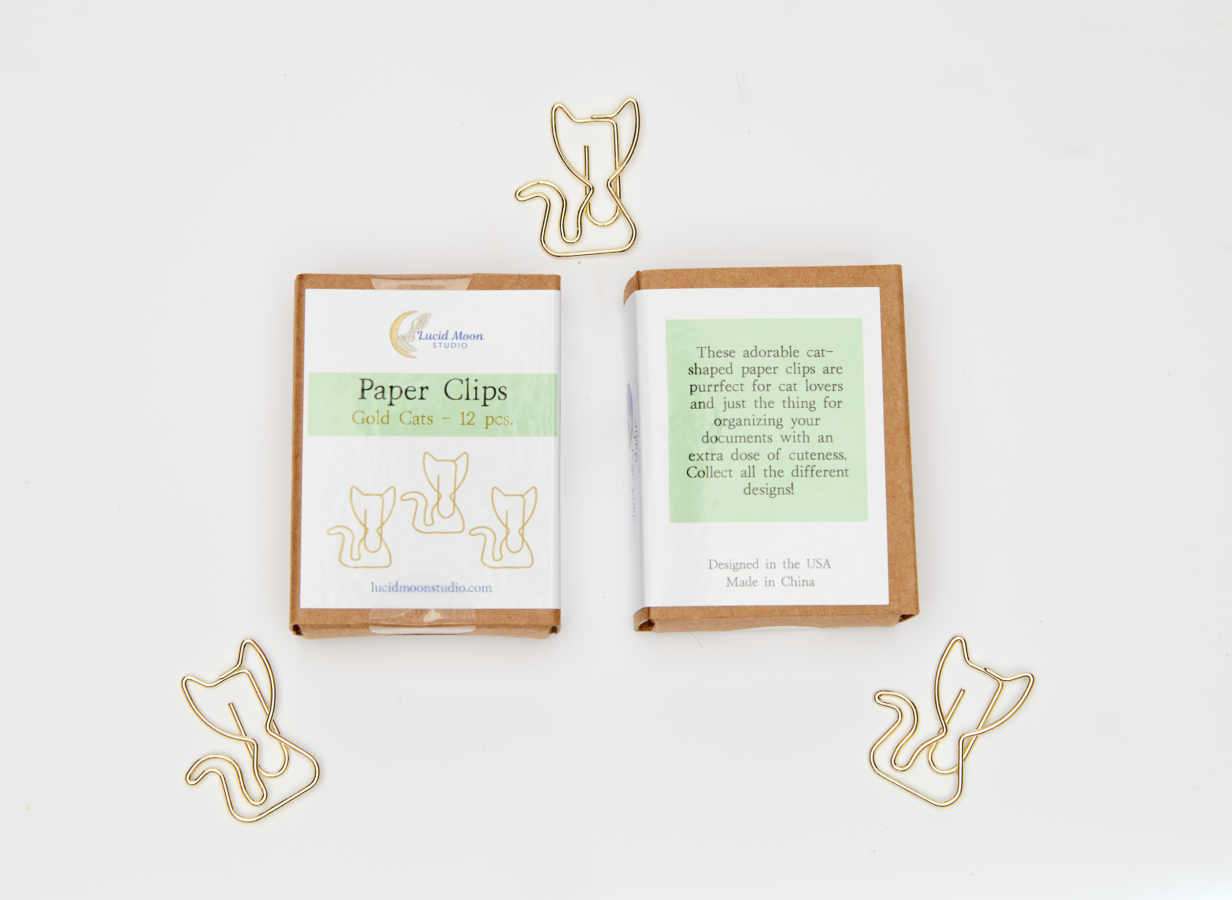 Gold Cats Boxed Paper Clips - Set of 12