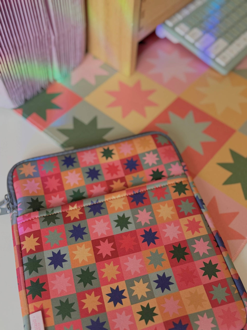 Patchwork Starburst Book & Kindle Pouch, Medium E-Reader Zip up Book Sleeve