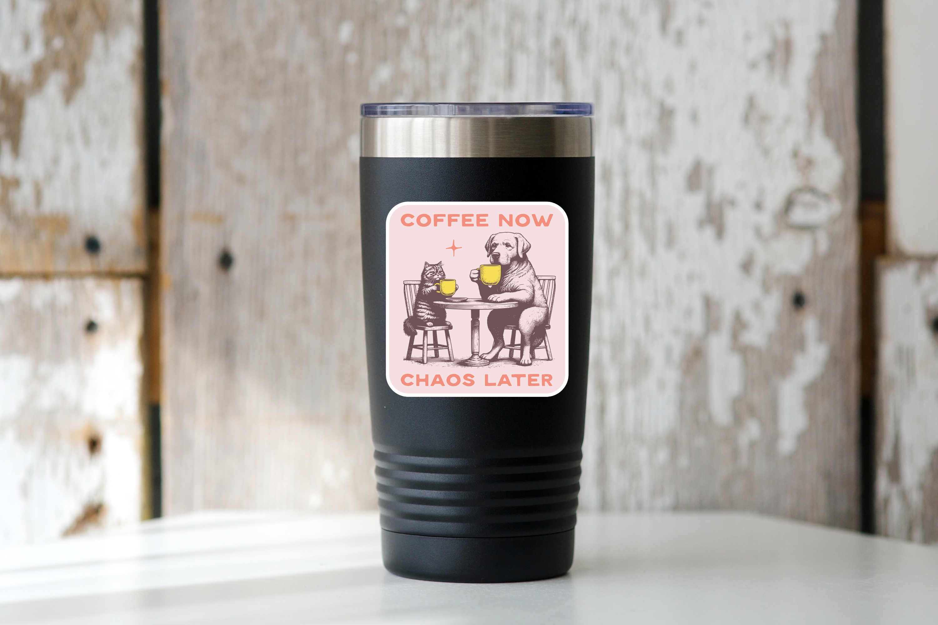 Coffee Now Chaos Later Sticker - shop, latte, dog, cat, cafe