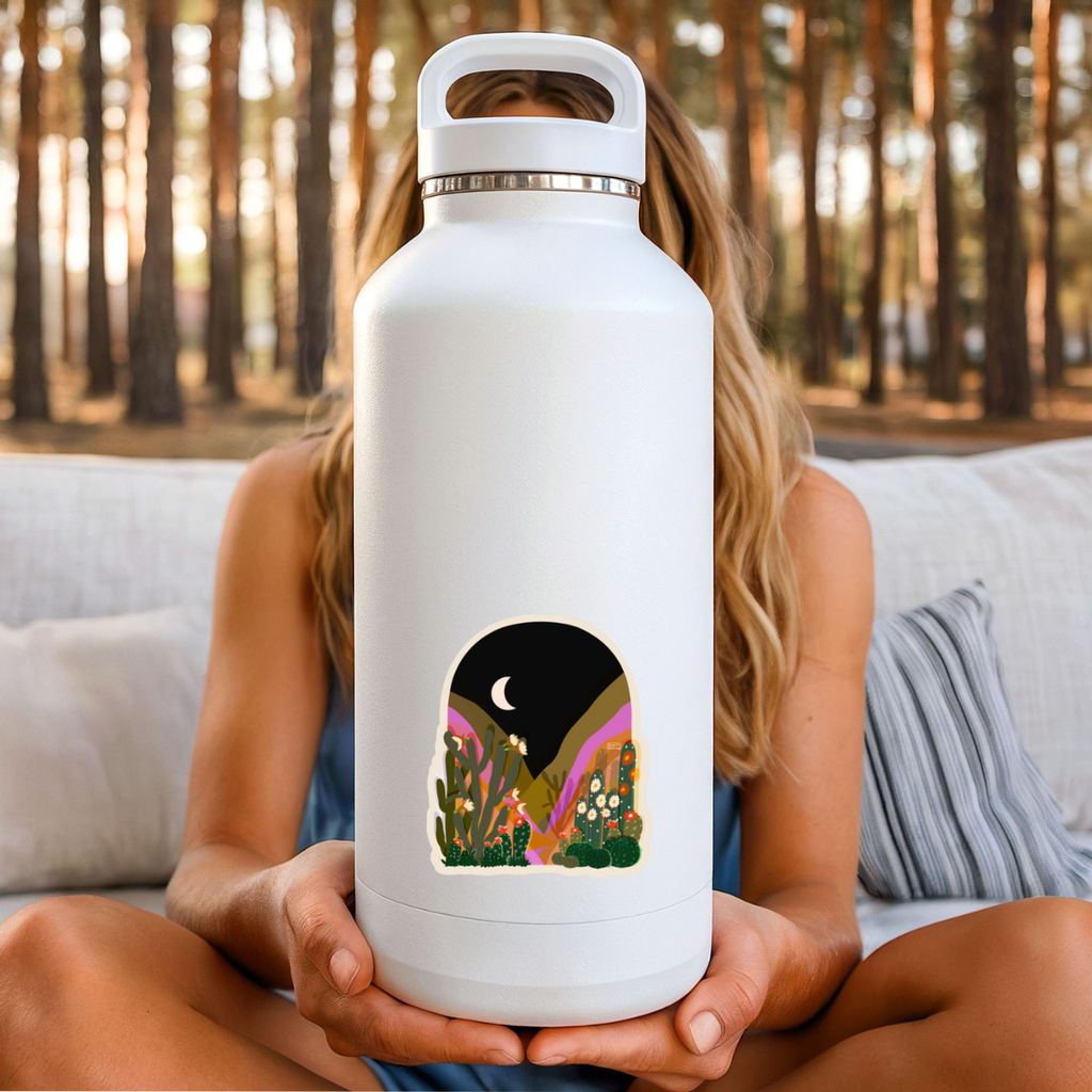 Moonlit Desert Bloom Sticker – Nighttime Cactus Landscape