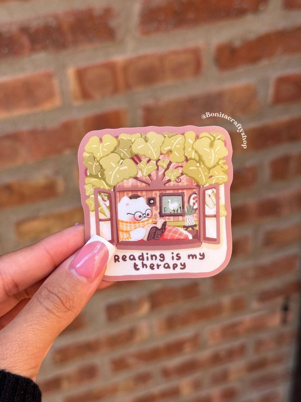 Reading Is My Therapy Kawaii Cat Vinyl Sticker