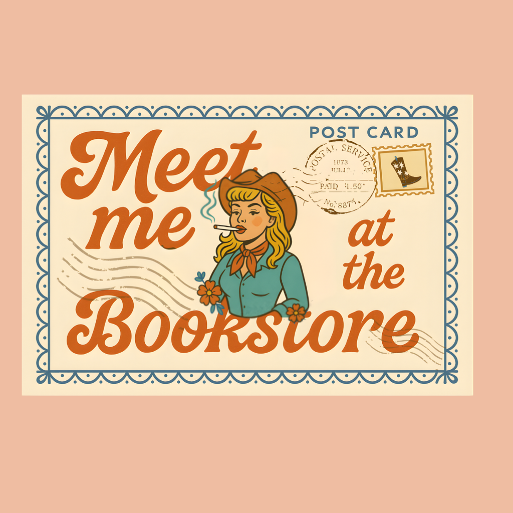 Meet Me at the Bookstore Sticker – Retro Cowgirl Postcard
