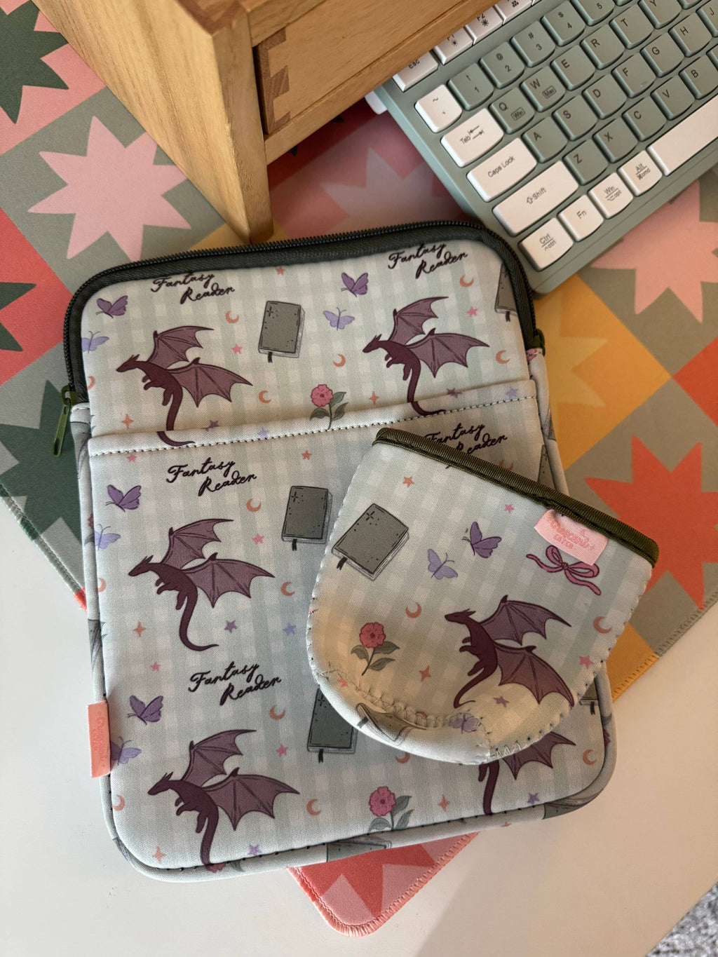 Fantasy Reader Gingham Dragon Book & Kindle Sleeve Pouch